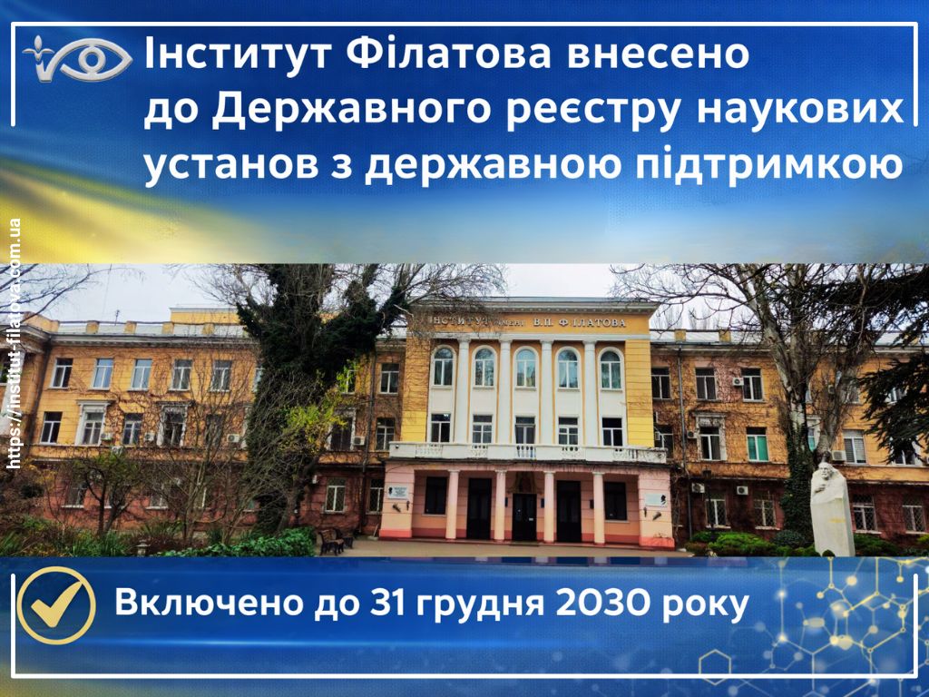 ДЕРЖАВНУ УСТАНОВУ «ІНСТИТУТ ОЧНИХ ХВОРОБ І ТКАНИННОЇ ТЕРАПІЇ ІМЕНІ В.П. ФІЛАТОВА НАМН УКРАЇНИ» ВНЕСЕНО ДО ДЕРЖАВНОГО РЕЄСТРУ НАУКОВИХ УСТАНОВ, ЯКИМ НАДАЄТЬСЯ ПІДТРИМКА ДЕРЖАВИ
